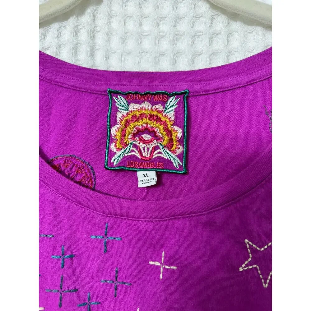 Johnny Was Kai Pink Purple Embroidered Short Sleeve Relaxed Tee Top Sz XL - Picture 4 of 9